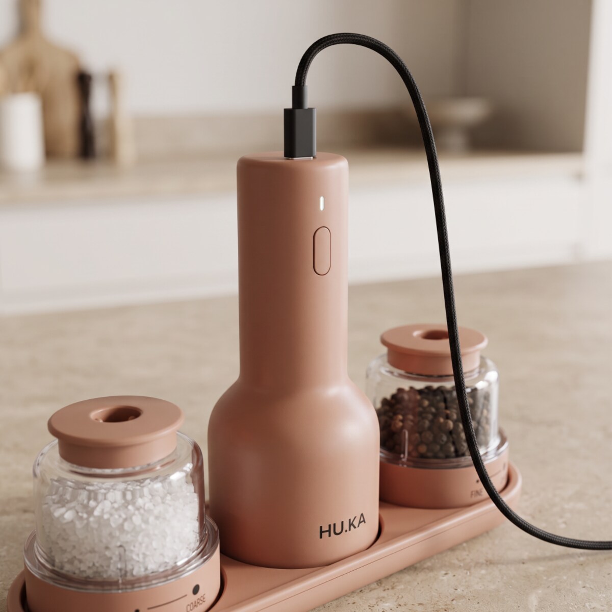 Młynek elektryczny 2w1 do soli i pieprzu USB-C HU.KA Pulse - Warm Clay