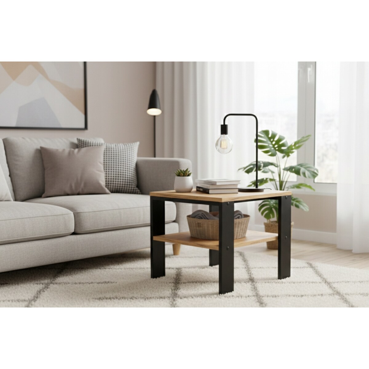 Stolik Kawowy Ława Loft Industrialny Dąb Złoty Craft Czarny Stelaż Półka
