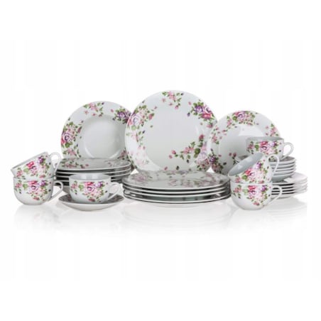 TALERZEKOMPLET OBIADOWY W KWIATY gotowy prezent 30 elem talerze jadalni box
