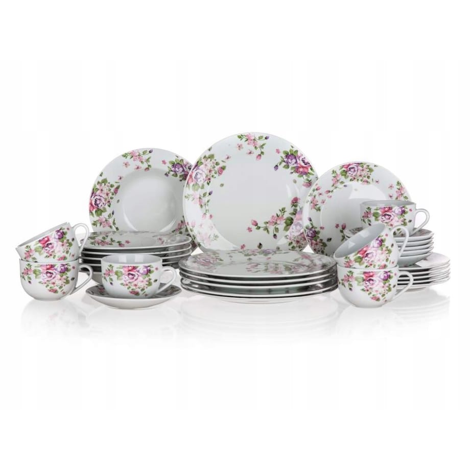 TALERZEKOMPLET OBIADOWY W KWIATY gotowy prezent 30 elem talerze jadalni box