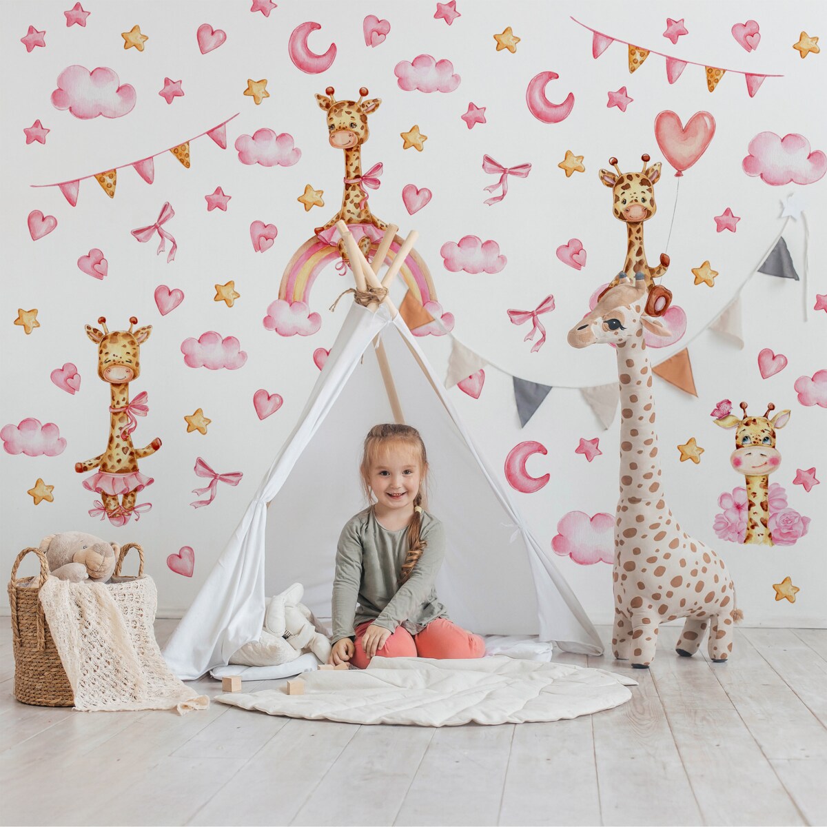 Naklejki Ścienne Dla Dzieci Żyrafy Serduszka Różowe Chmury Kokardki ZESTAW 60x30cm