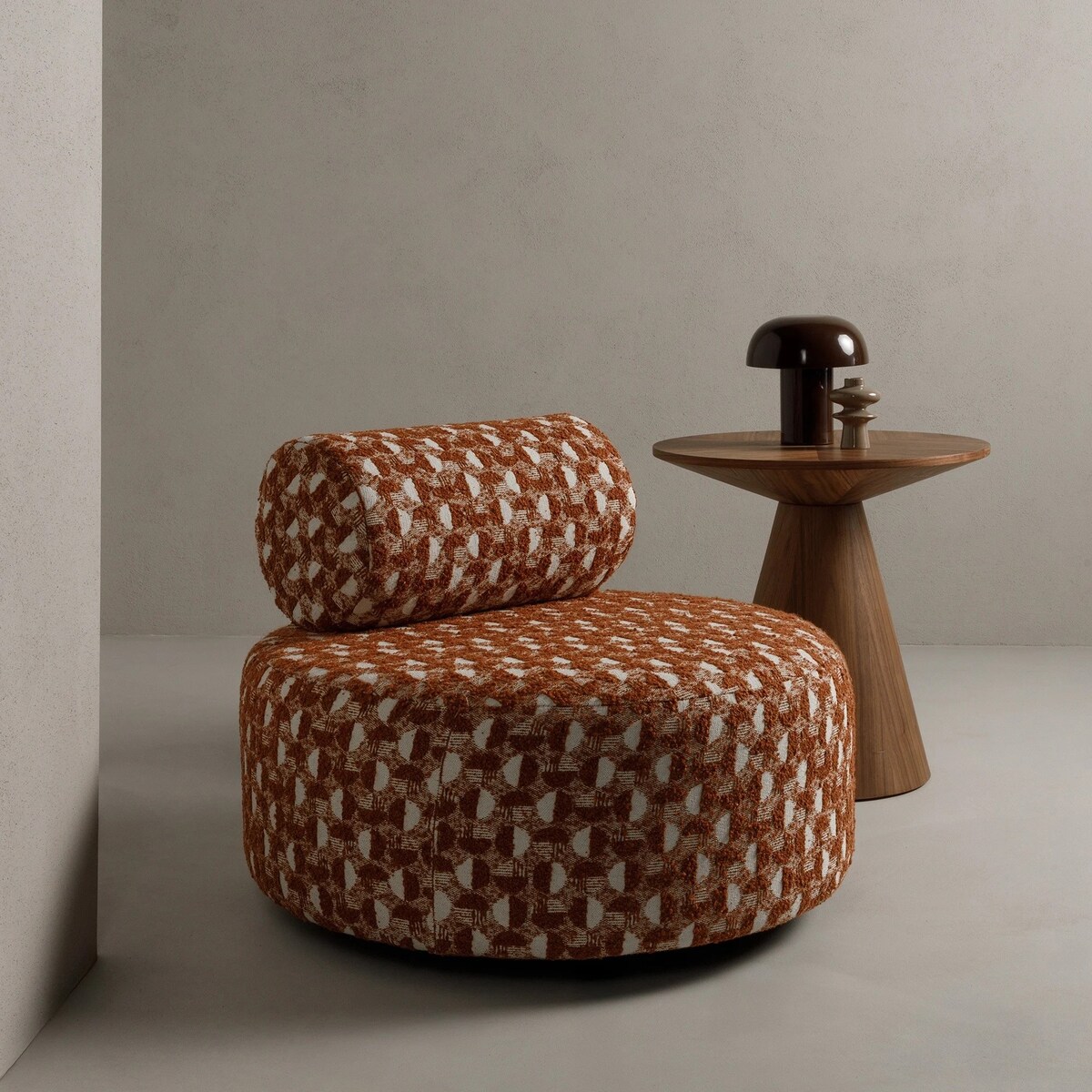 Fotel obrotowy 70x88x88 cm ORVIETTA bouclé z geometrycznym wzorem
