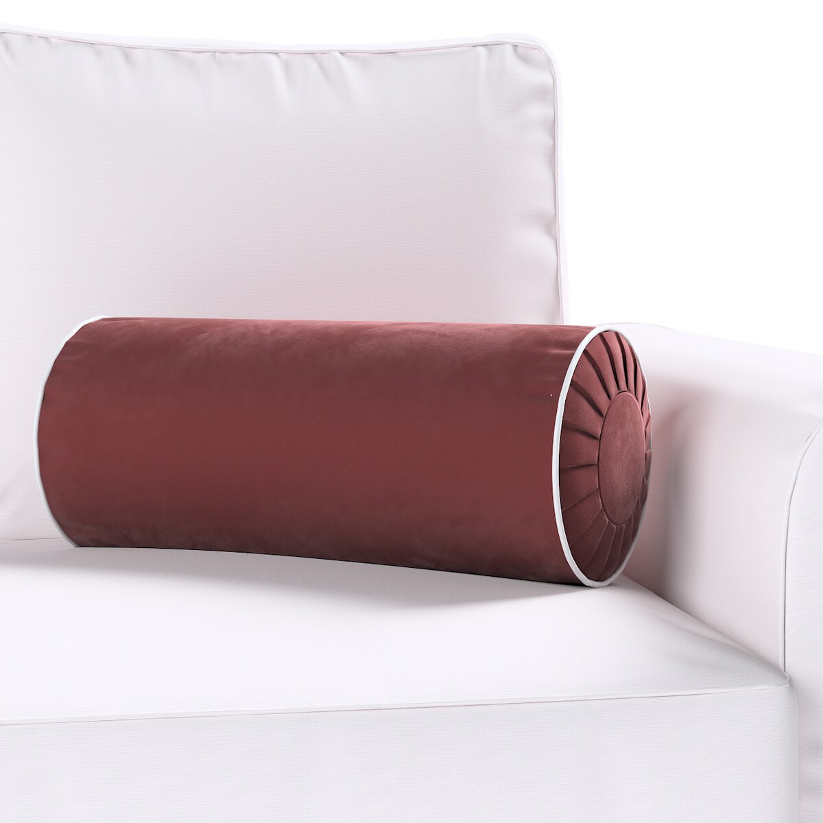 Poduszka wałek z zakładkami z lamówką, bordowy, Ø20 x 50 cm, Velvet
