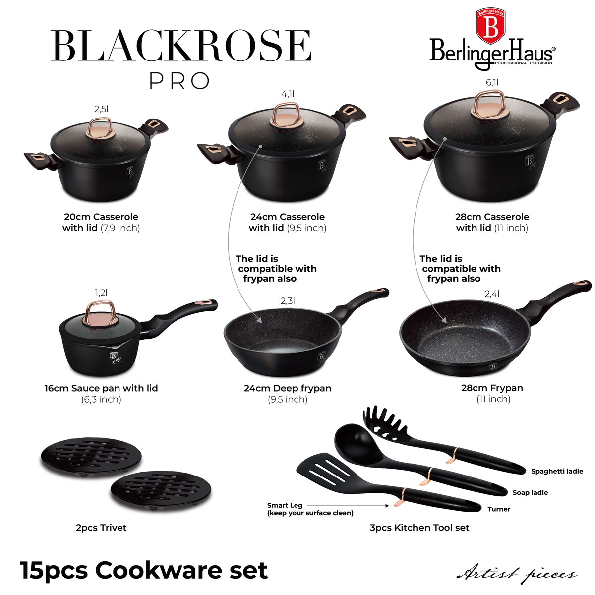 Zestaw 15 el. garnki, patelnie, akcesoria BerlingerHaus Black Rose Collection BH-8234