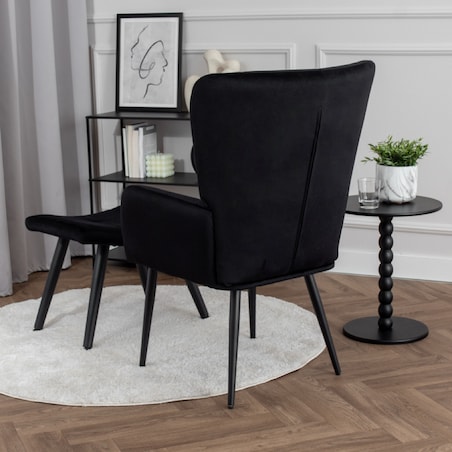Fotel uszak z podnóżkiem do salonu wypoczynkowy welurowy tapicerowany czarny