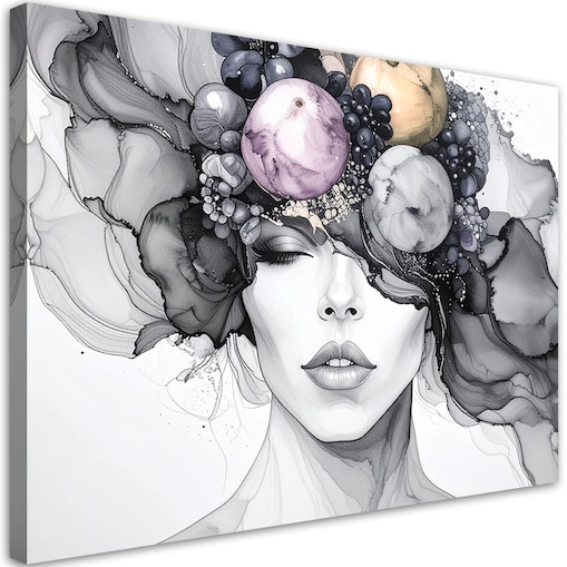 Obraz czarno biały do salonu kuchni, Kobieta z owocami na głowie 120x80