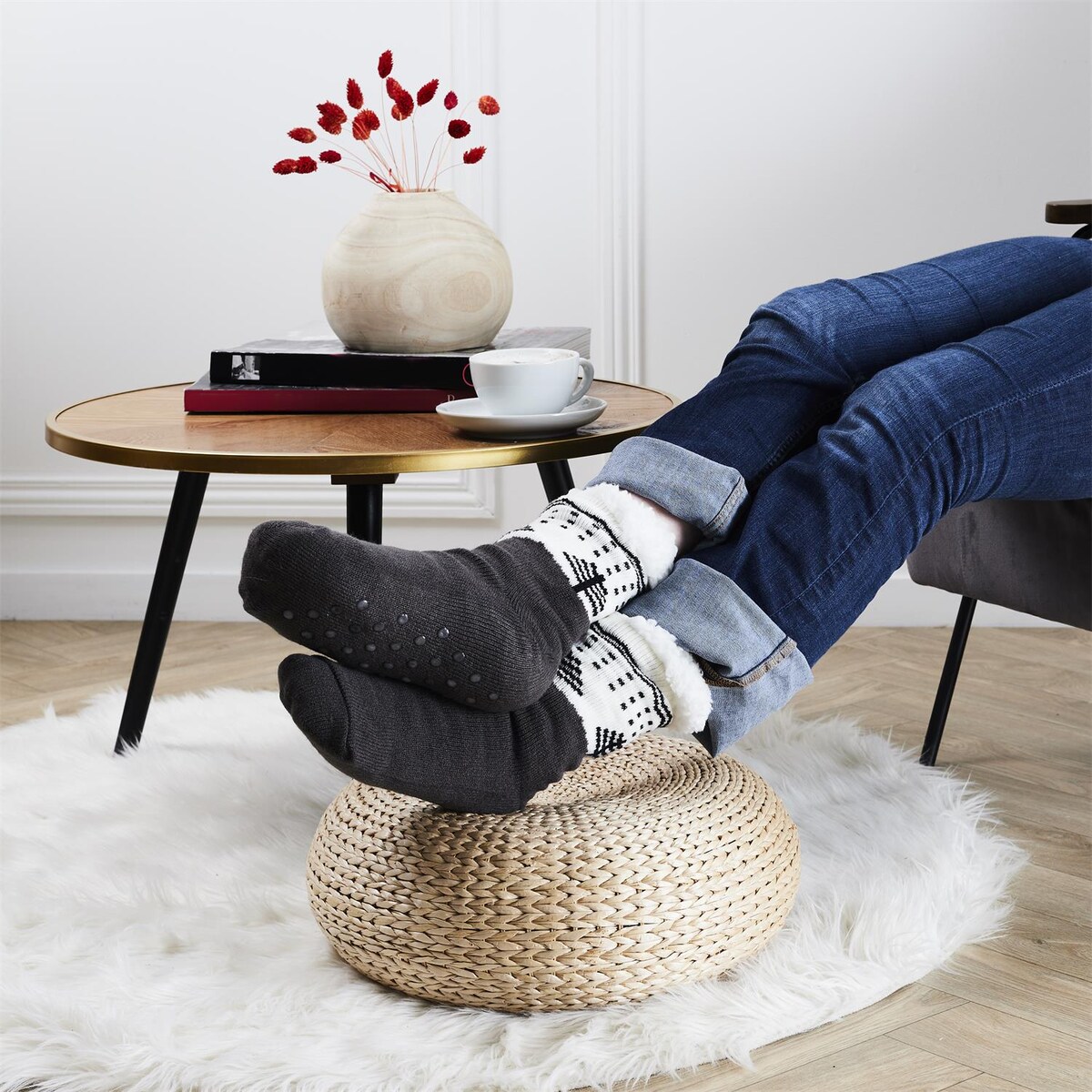 SKARPETY ZIMOWE sherpa ze wzorem rozmiar 39-42 brązowe