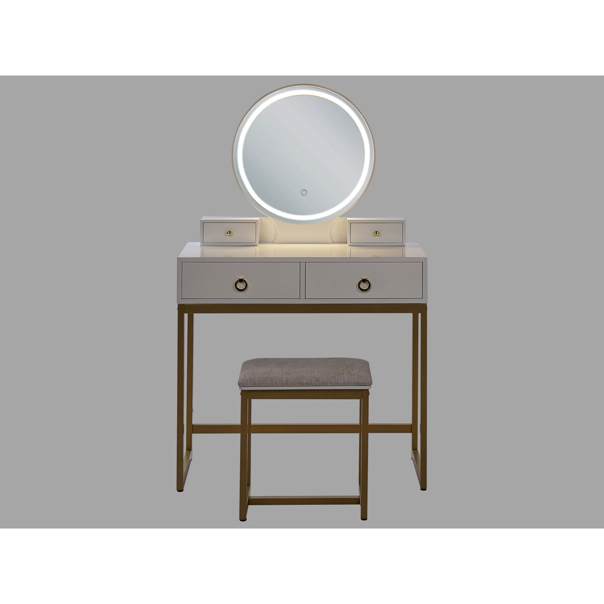 Toaletka 4 szuflady lustro LED ze stołkiem biało-złota AUXON