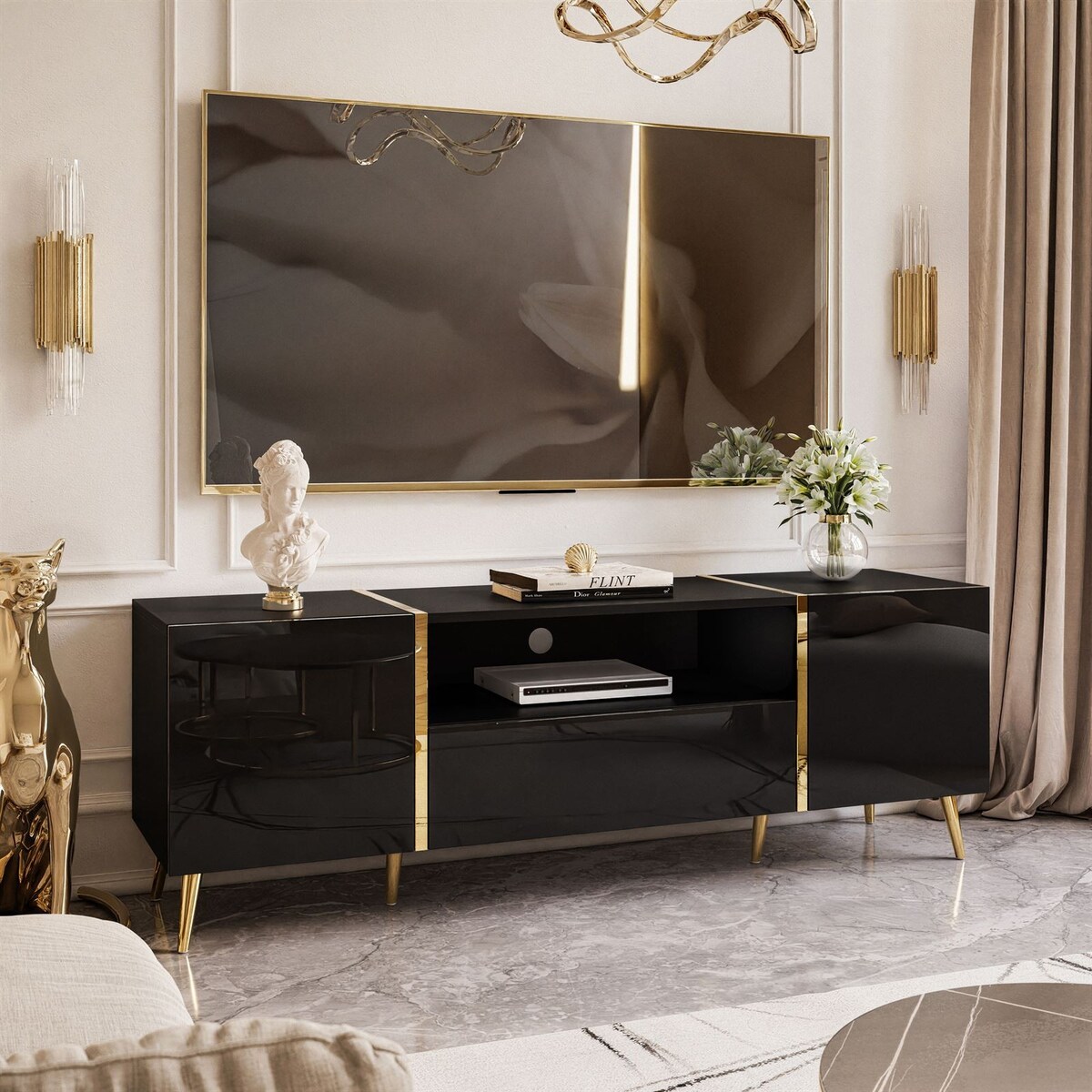 Szafka RTV ONYX na złotych nóżkach wysoki połysk 158 cm, czarny połysk, push-to-open