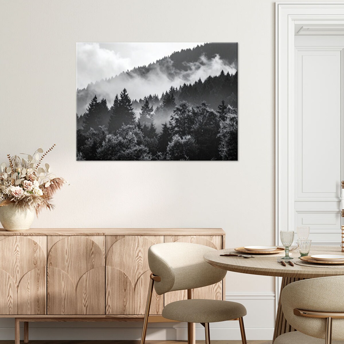 Obraz do salonu sypialni jadalni, Las we mgle czarno biały 60x40