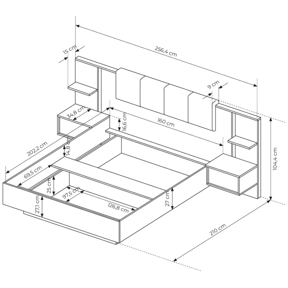 Łóżko DASTIN z pojemnikiem, zagłówkiem, stolikami nocnymi, ośw. LED
