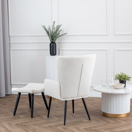 Fotel uszak z podnóżkiem do salonu wypoczynkowy welurowy tapicerowany beżowy