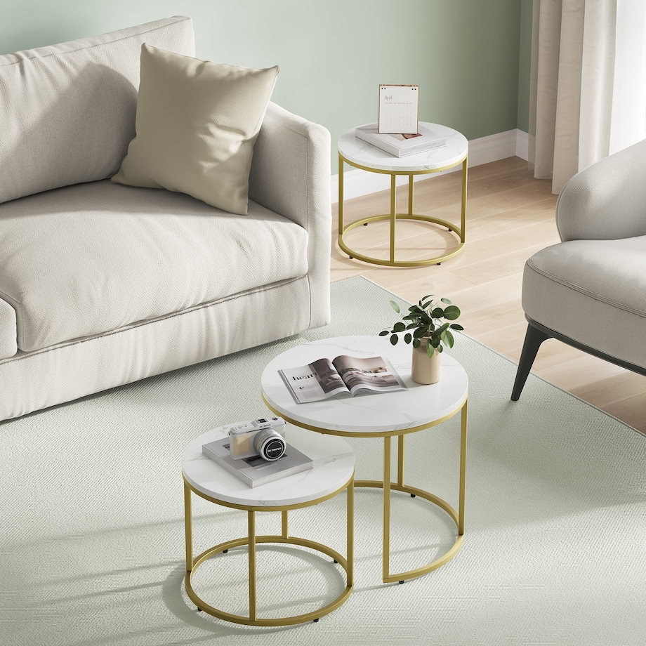 Stolik Kawowy Okrągły 2Szt Marmur, Złoty