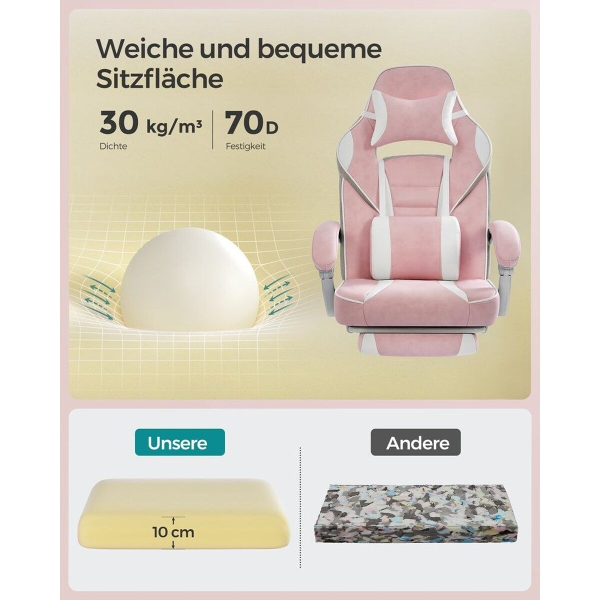 Krzesło biurowe z regulacją wysokości i podnóżkiem, Pastelowy róż + kremowa biel