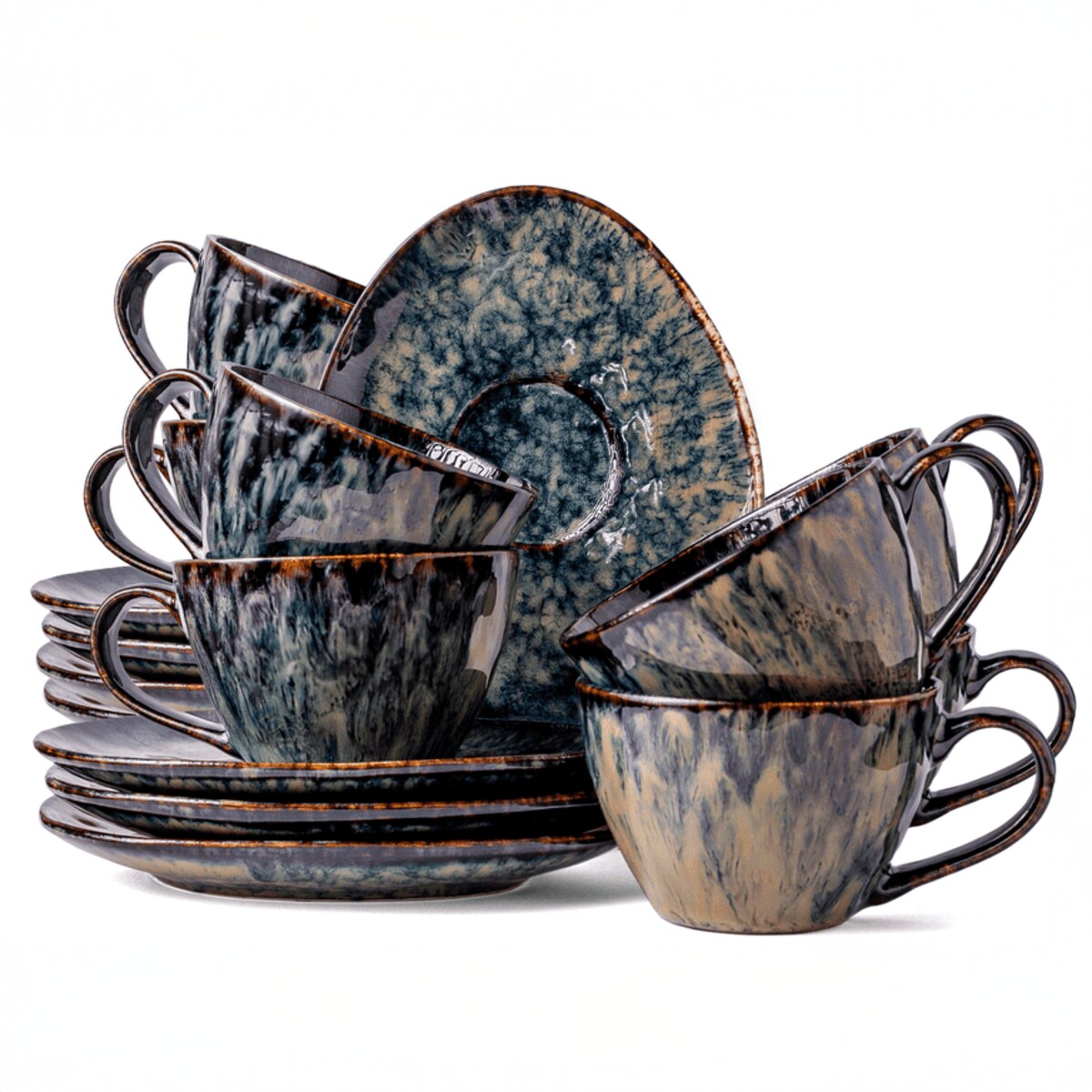 Serwis kawowy Kasai żółto-zielony na 8 osób 16 szt. Nowoczesny Do zmywarki Komplet filiżanka i spodek