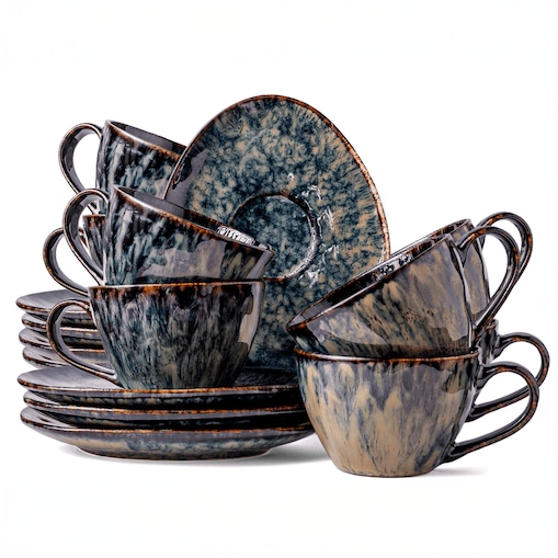 Serwis kawowy Kasai żółto-zielony na 8 osób 16 szt. Nowoczesny Do zmywarki Komplet filiżanka i spodek