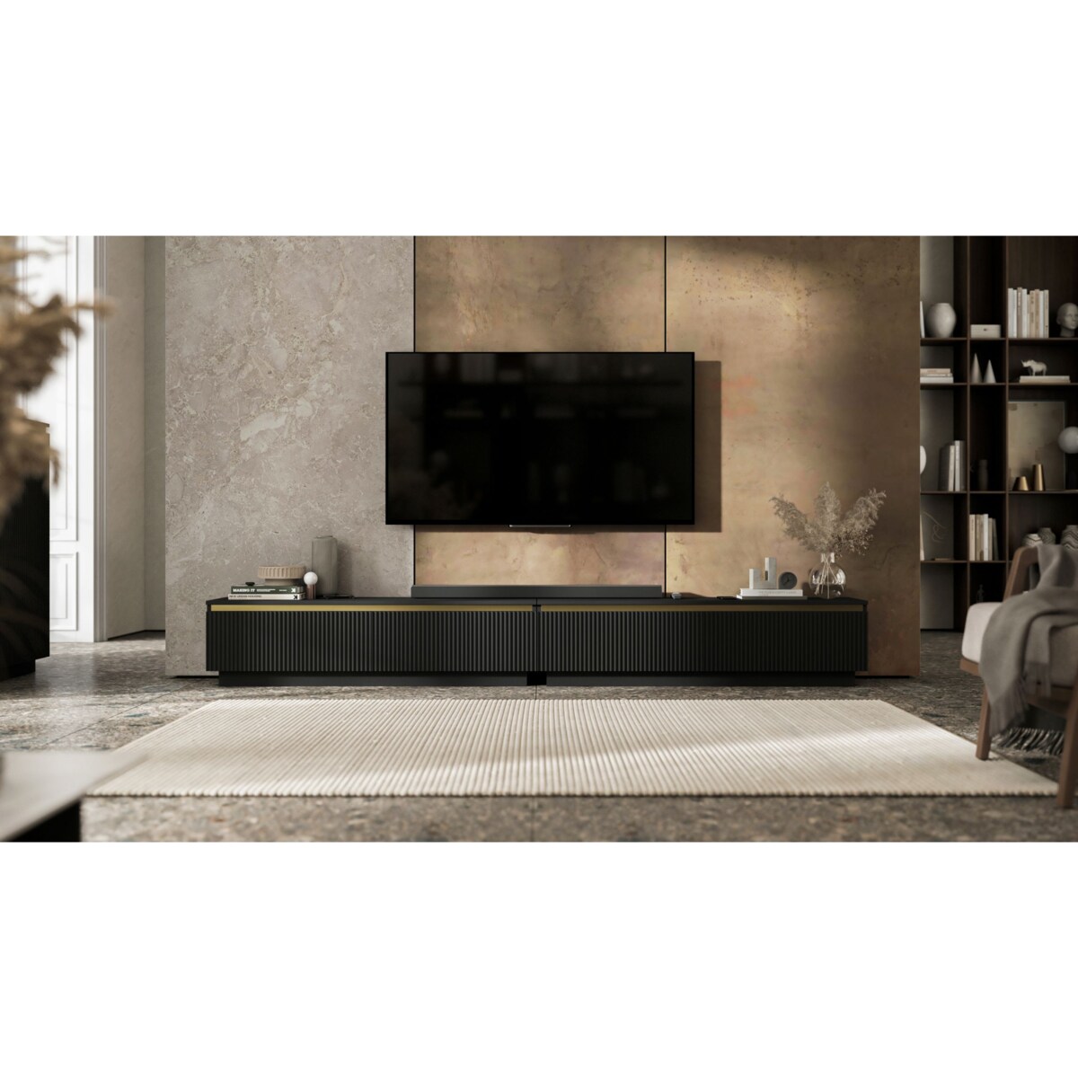 Wisząca Szafka RTV Glamour Komoda RTV Czarny Mat 280 cm ryflowane fronty