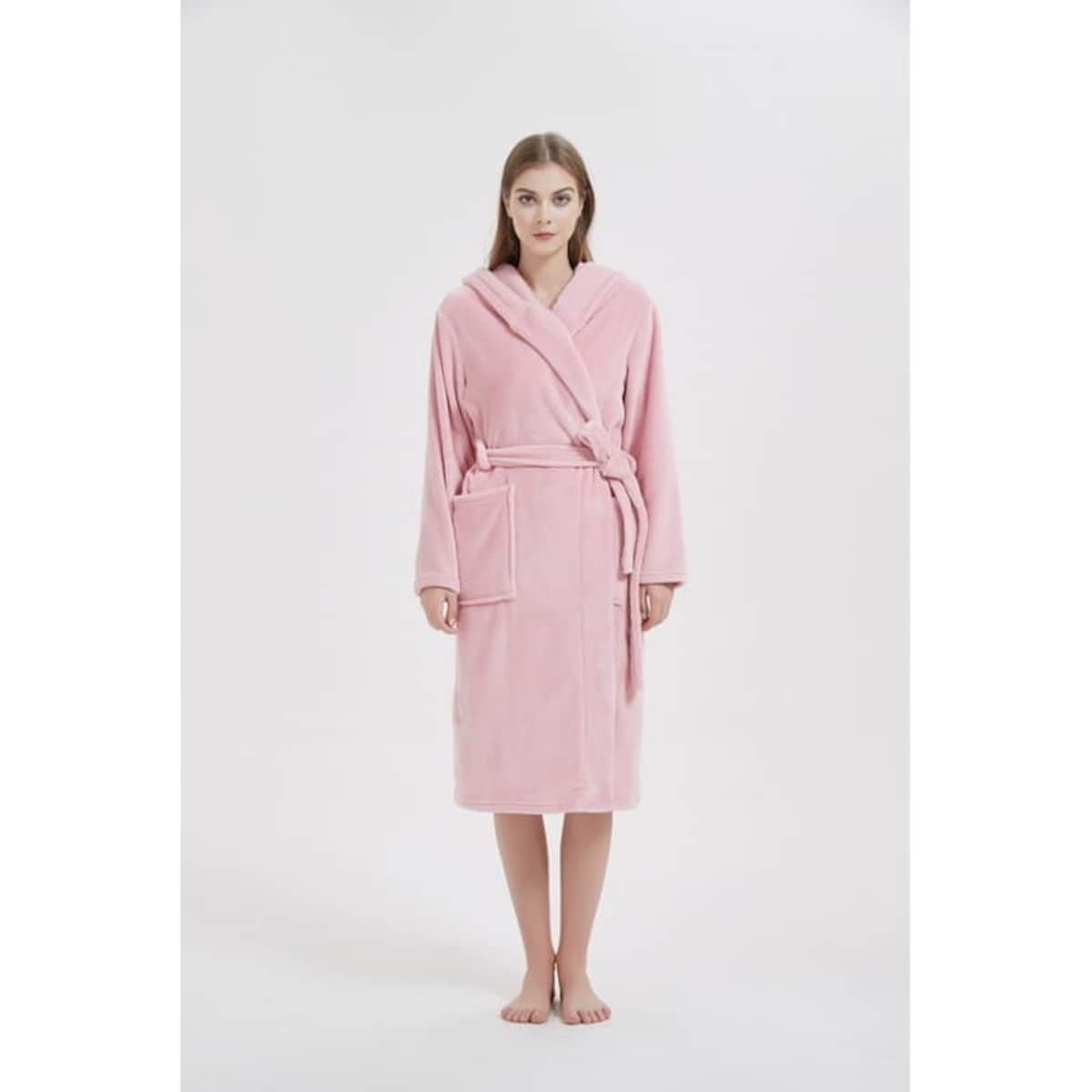 Gruby Szlafrok Damski Pluszowy Długi Ciepły miękki L/XL Puder z Wiązaniem