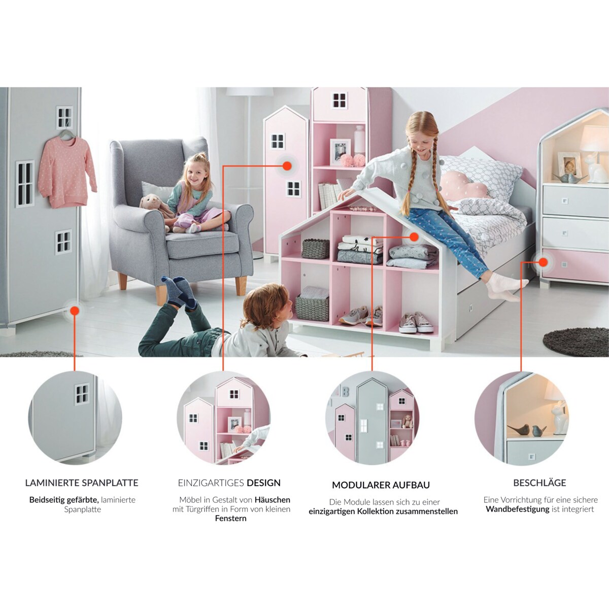 KONSIMO MIRUM Zestaw mebli dla chłopców w kształcie domku w kolorze szarym składający się z 3 elementów