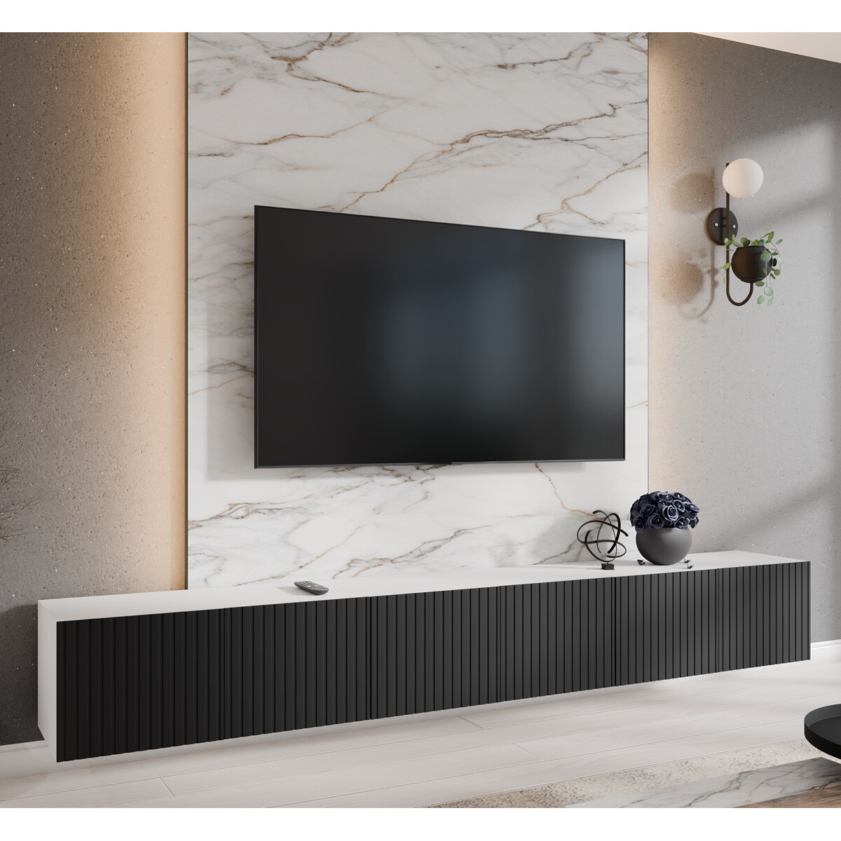 Szafka RTV RIO 300 cm zamknięta pod telewizor ,ryflowana- biały+czarny