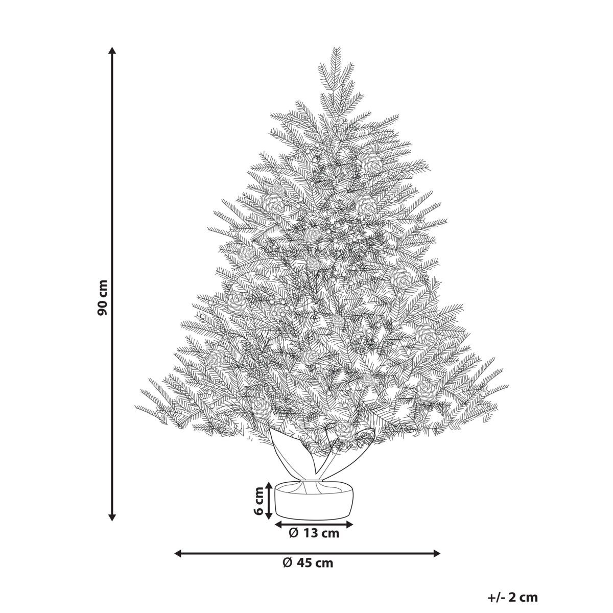 Ośnieżona sztuczna choinka ze światełkami w jutowym worku 90 cm zielona MALIGNE