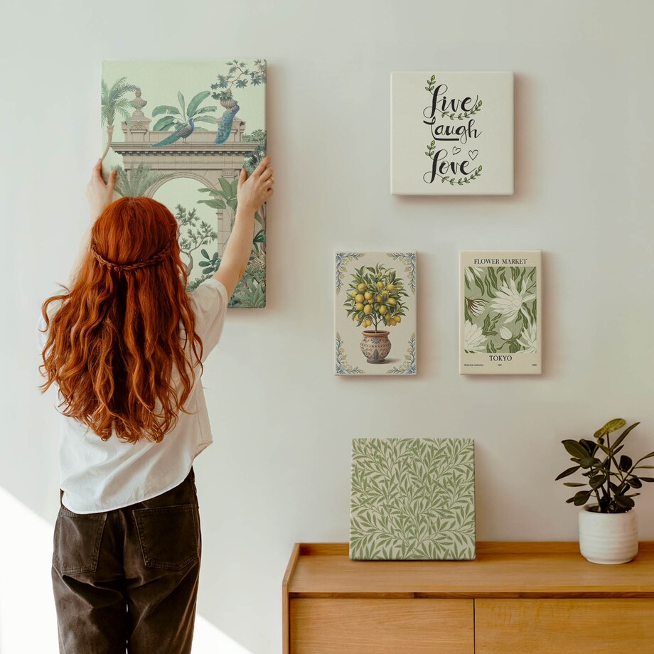 Zestaw 5 obrazów na płótnie - Roślinne motywy boho akcenty - zielony