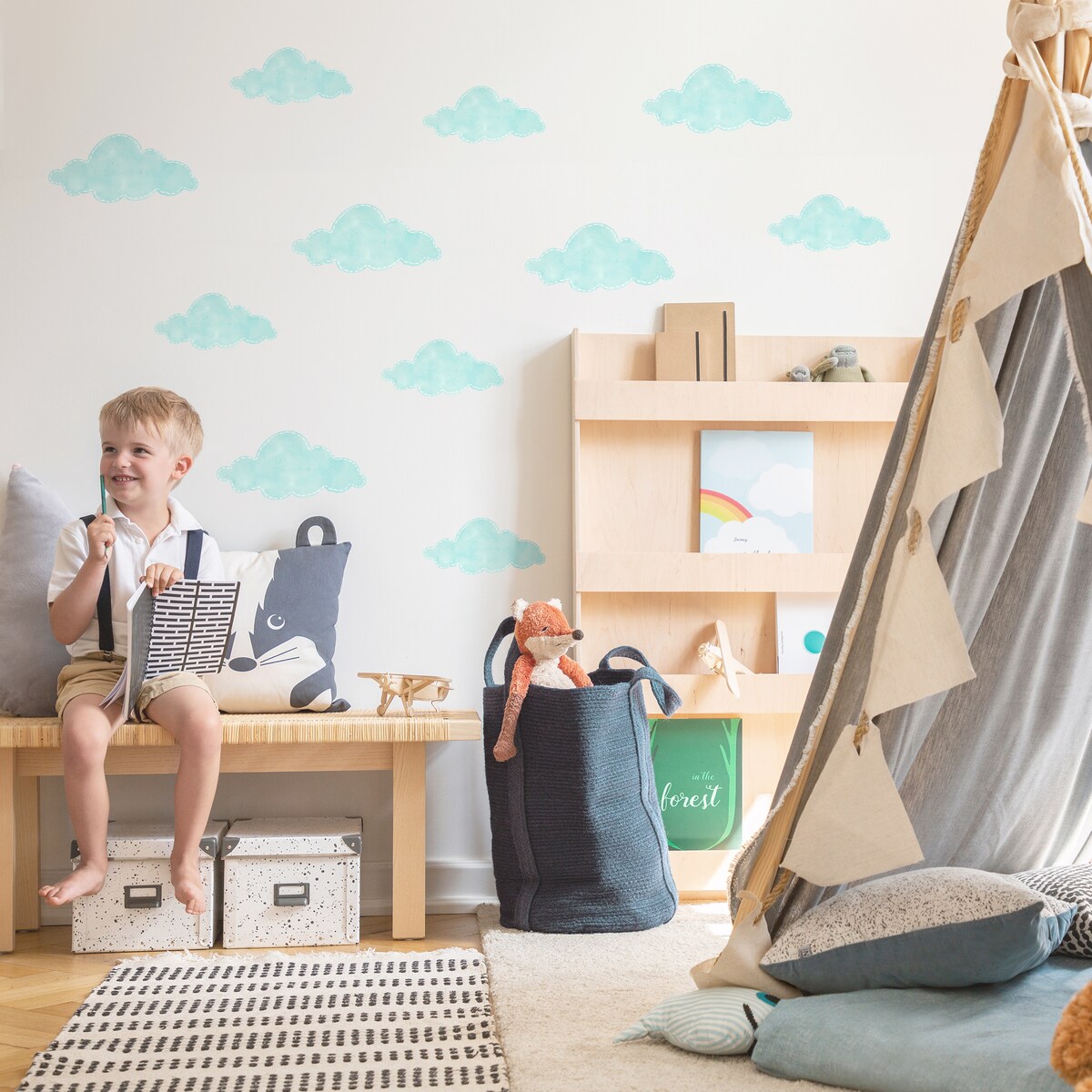 Naklejki Dla Dzieci Turkusowe Chmurki Pastelowe Chmury Styl Boho Zestaw 120x60cm