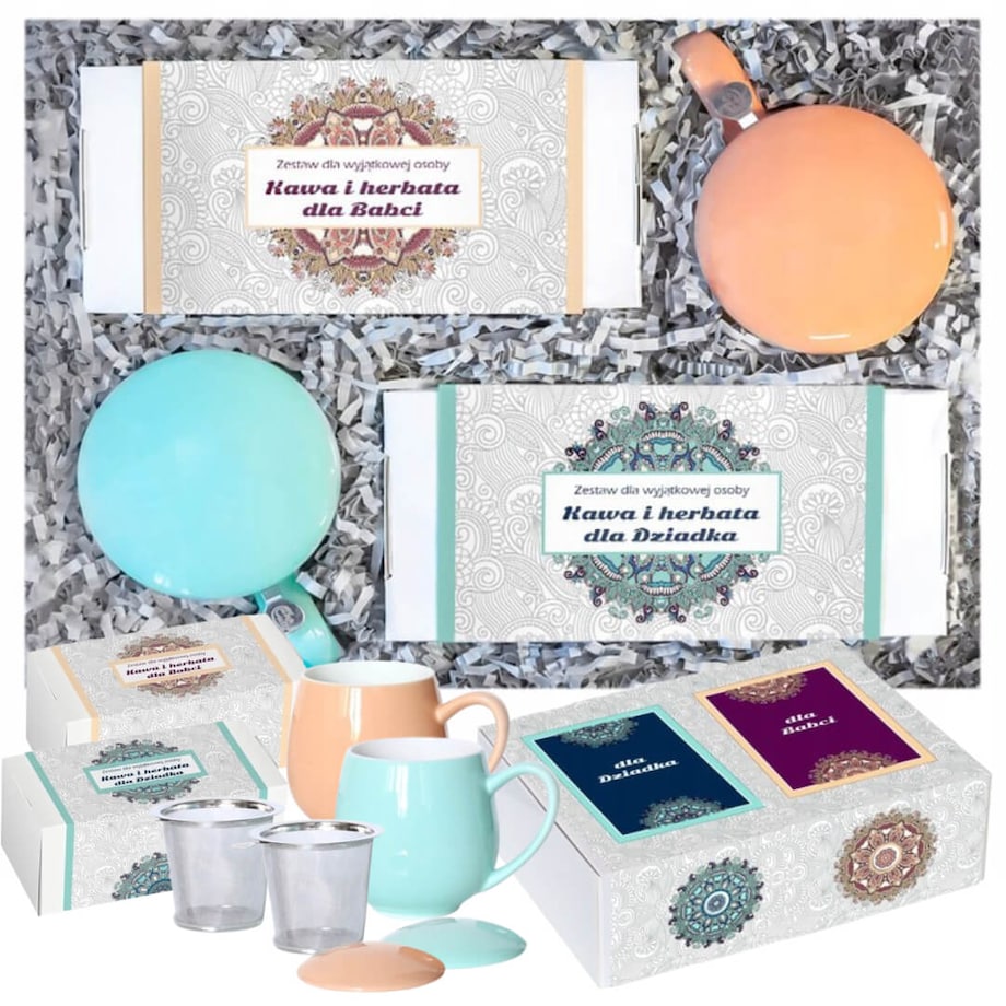 Gotowy zestaw prezentowy „Box dla Babci i Dziadka“ kawy herbaty smakowe PREMIUM x2 zaparzacz kubek 2szt. prezent upominek na Dzień Babci i Dziadka dla dziadków babci dziadka emeryta emerytki seniora