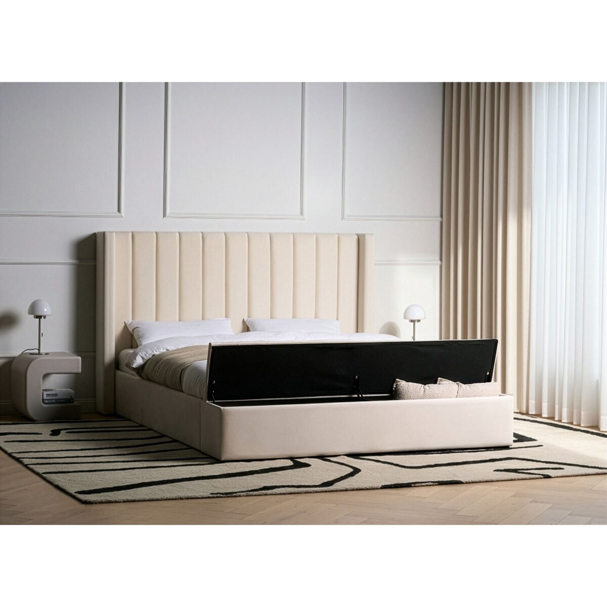 Łóżko z ławką Welur NOYERS 180 x 200 cm Złamana biel