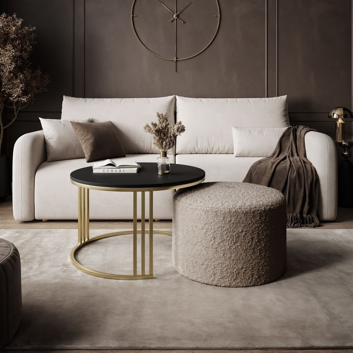 Stolik kawowy z pufą LORI MAT złoto szczotkowane, czarny mat / Coral 50