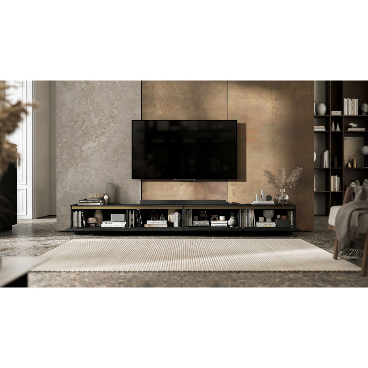 Nowoczesna Szafka RTV Glamour Komoda RTV Czarny Mat 280 cm ryflowane fronty