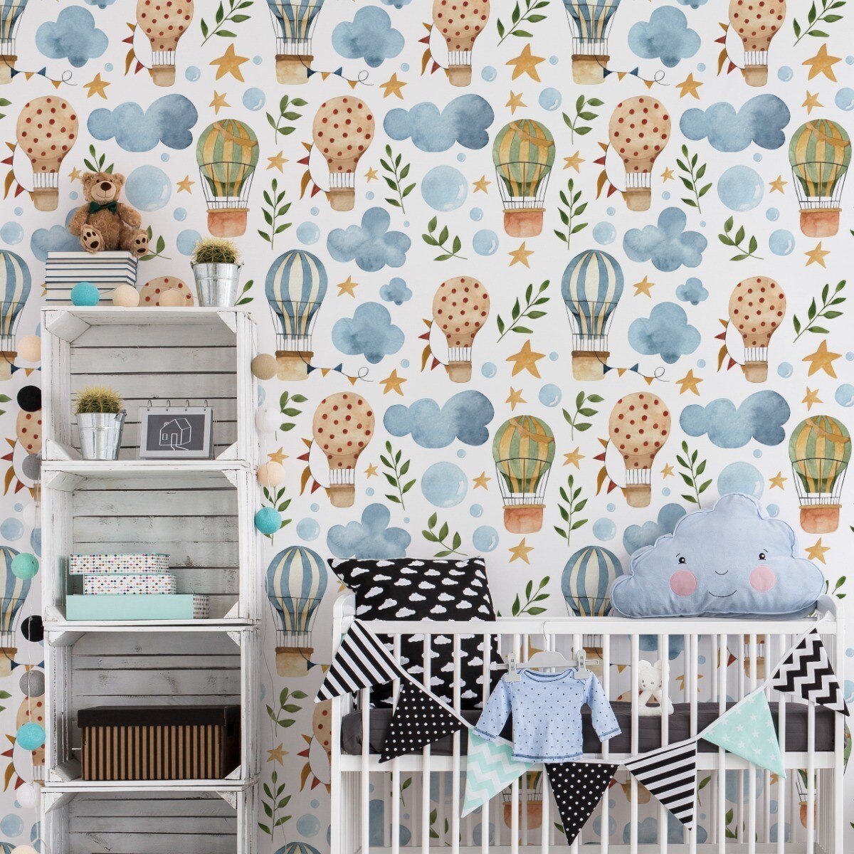 Tapeta Dla Dzieci CHMURKI Balony Gwiazdki Rośliny