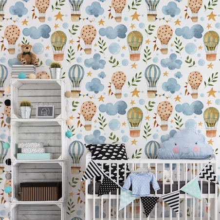 Tapeta Dla Dzieci CHMURKI Balony Gwiazdki Rośliny