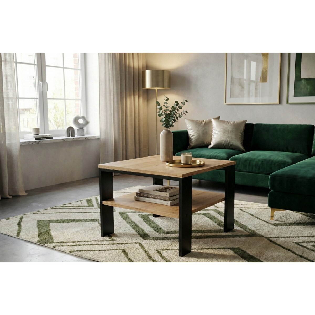Stolik Kawowy Ława Loft Industrialny Dąb Złoty Craft Czarny Stelaż Półka