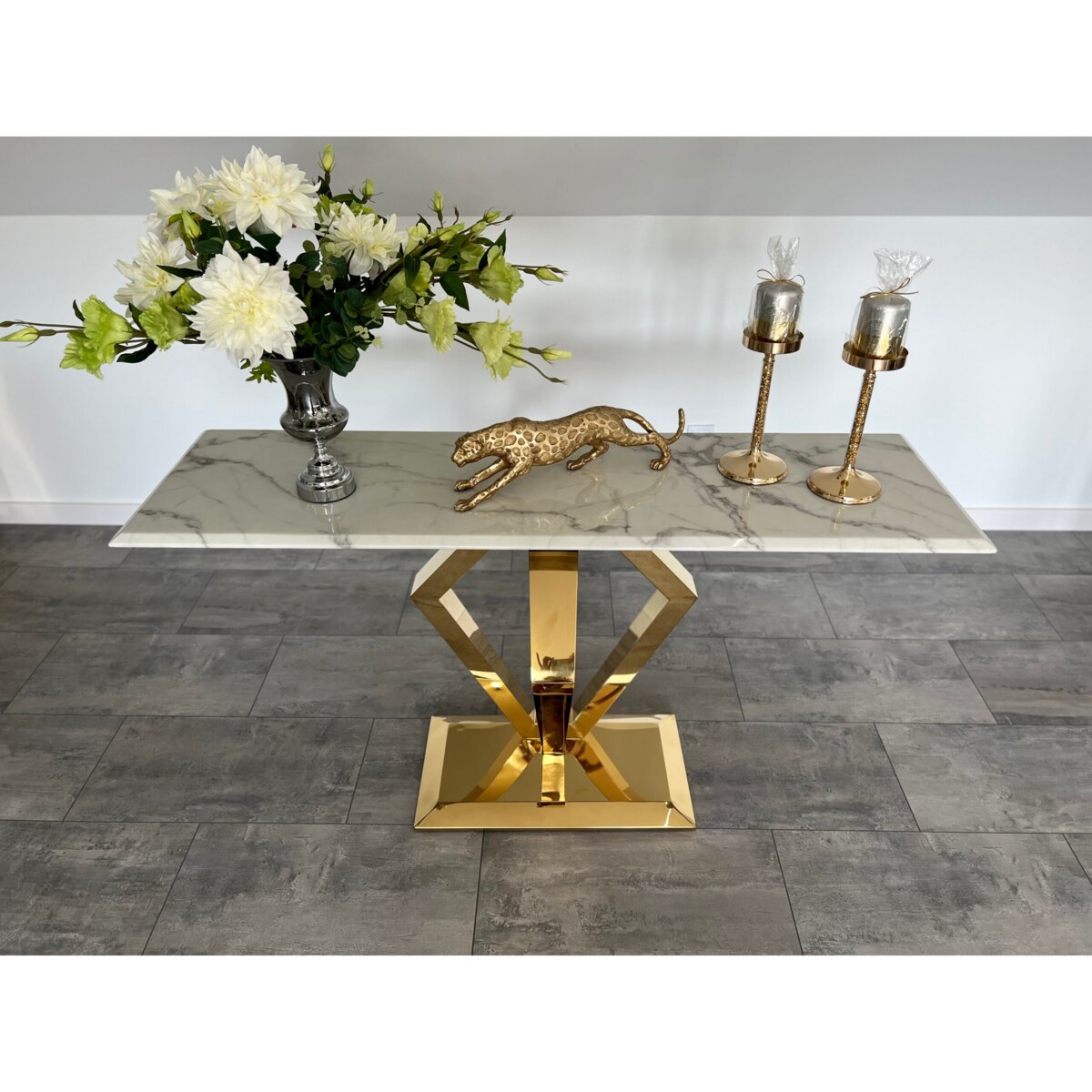 nowoczesna konsola złota nowojorska Diament z kamiennym blatem marmurowym 150x45x75 Premium glamour / w połysku