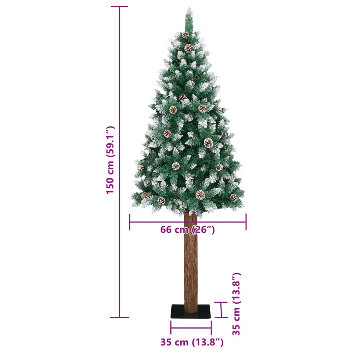 vidaXL Smukła choinka z drewnem i śniegiem, zielona, 150 cm