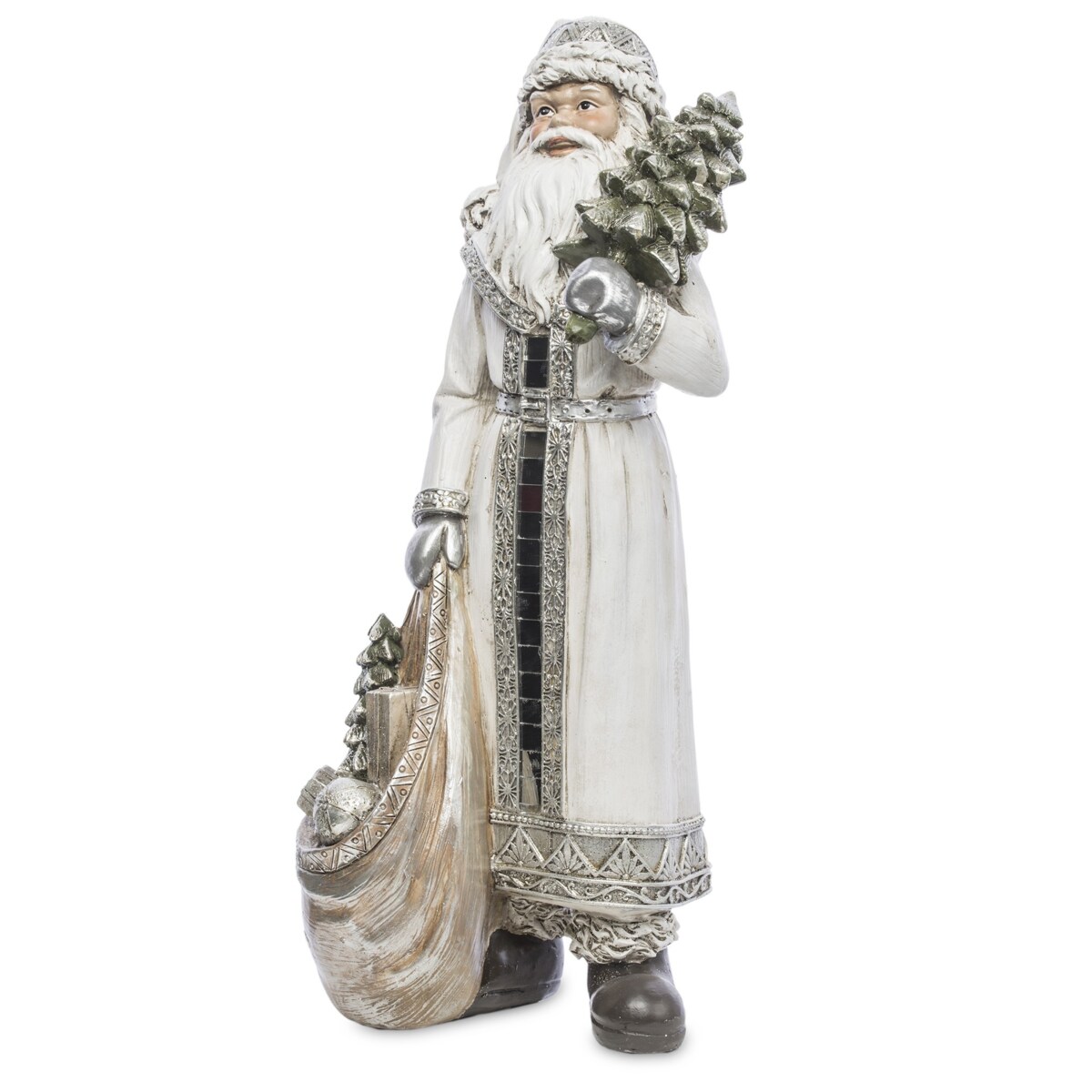 Mikołaj w płaszczu z workiem prezentów i choinką 31,5x13x11 cm