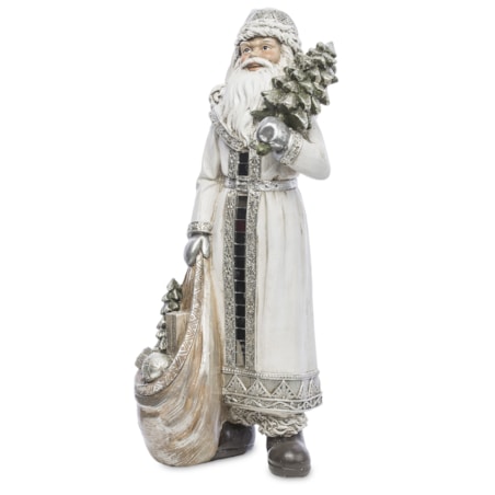 Mikołaj w płaszczu z workiem prezentów i choinką 31,5x13x11 cm