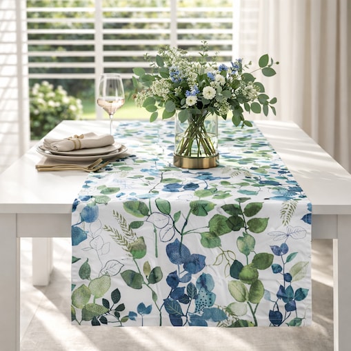 Bieżnik z motywem liści i ptaków Blue Sparrow – 50 × 220 cm