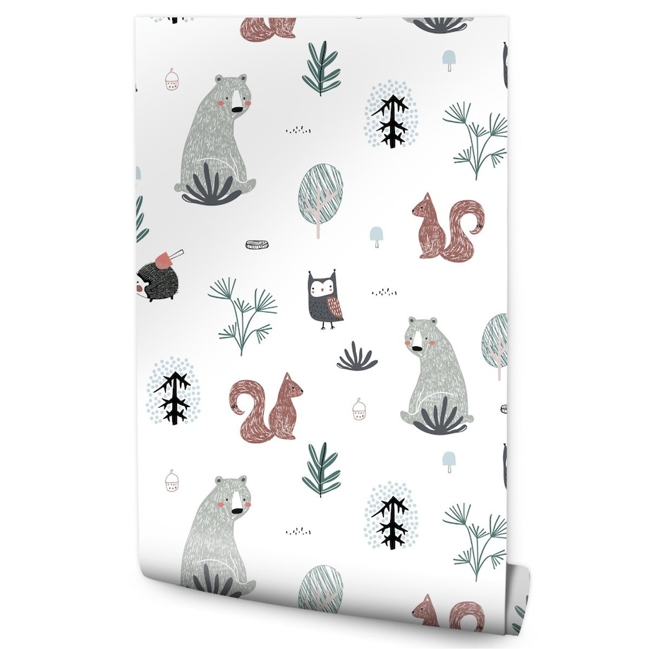 Tapeta Dziecięca MISIE Sowy Wiewiórki Jeże Drzewa