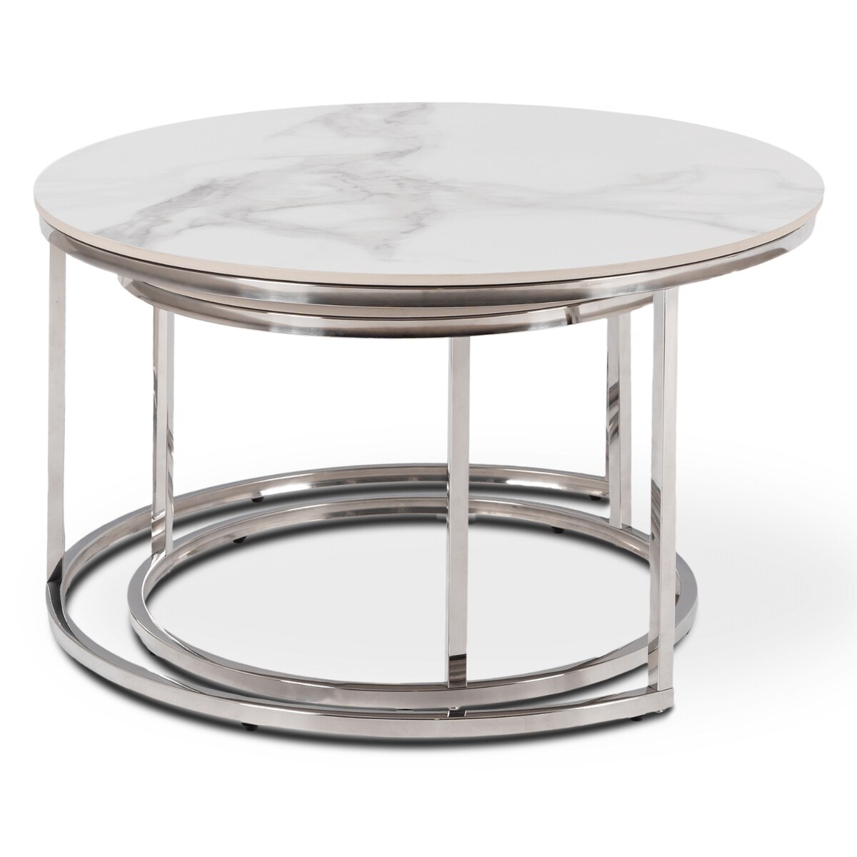 Stolik Kawowy Okrągły Zestaw 2w1 Ława Glamour Marmur Biały AMARA MAX