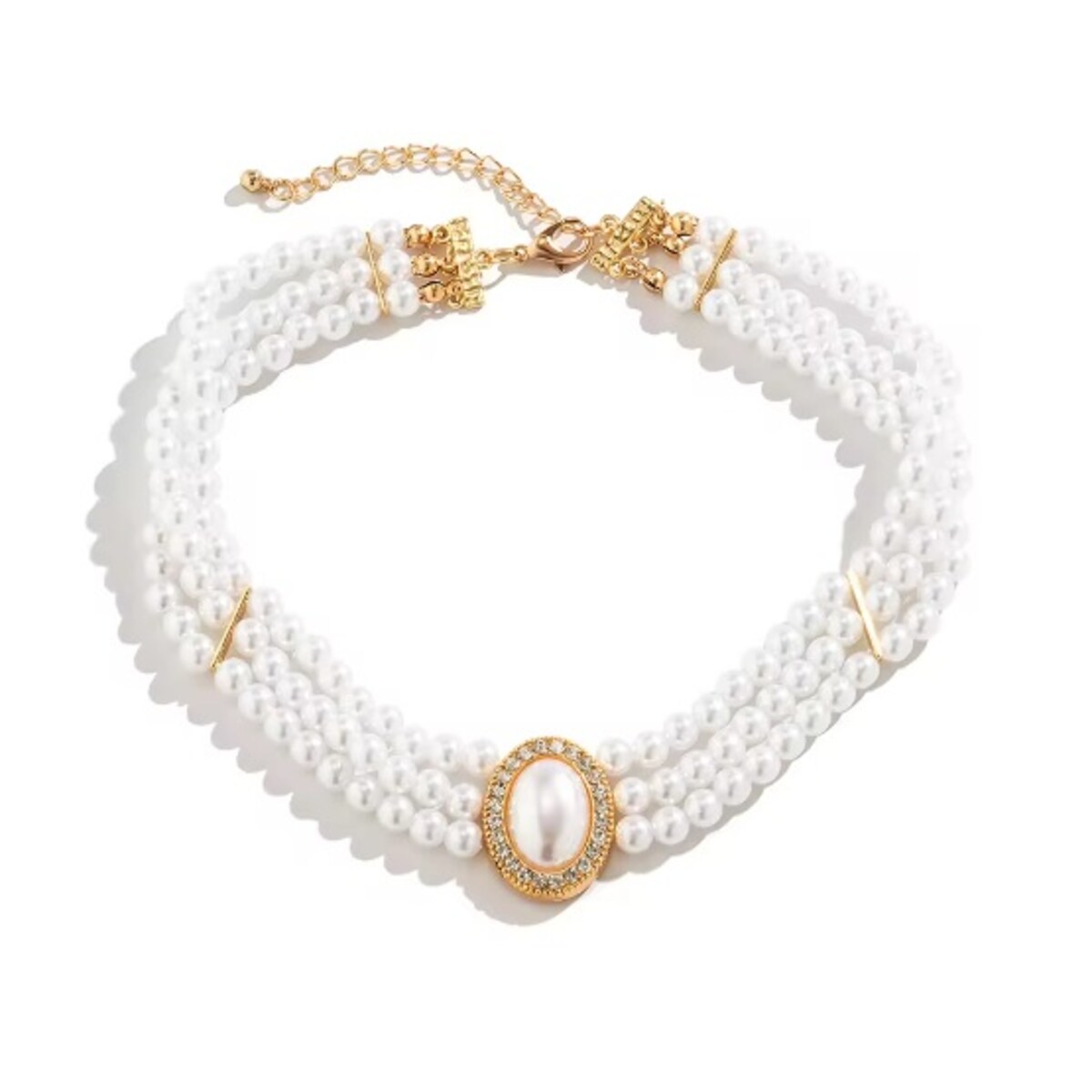 Stylizowany choker pozłacany z perłami 3 rzędy pereł elegancki z zapięciem