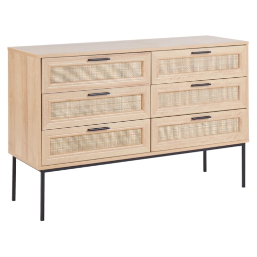 Komoda 6 szuflad fronty rattanowe jasne drewno PASCO