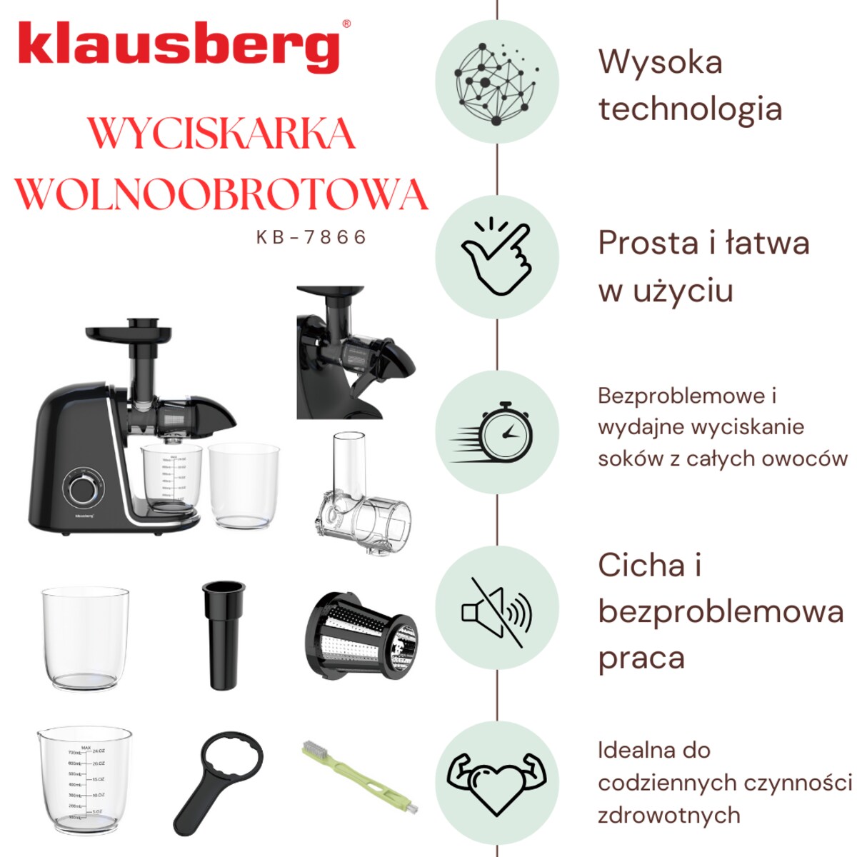 Sokowirówka wolnoobrotowa 150W do owoców i warzyw COLD PRESS KLAUSBERG KB-7866