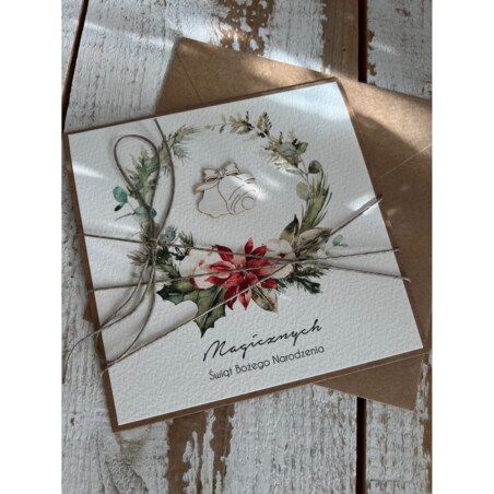 Wyjątkowa stylowa kartka ekologiczna świąteczna + najpiękniejsze życzenia na Boże Narodzenie świąteczny wianek + świąteczne dzwonki