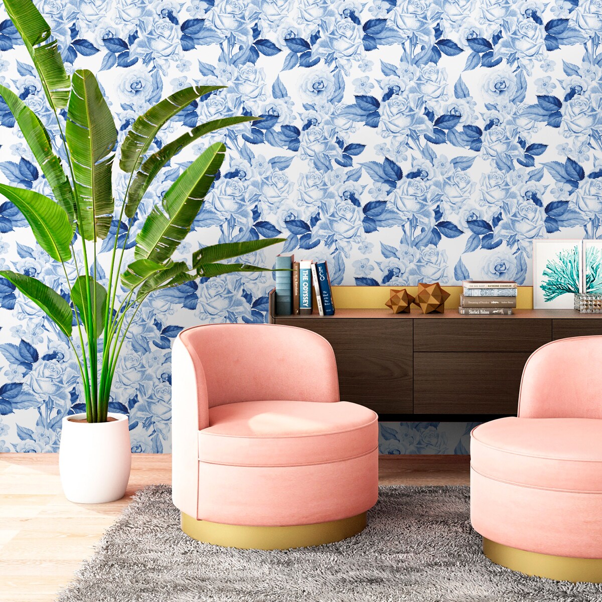 Tapeta Niebieskie RÓŻE Kwiaty i Liście