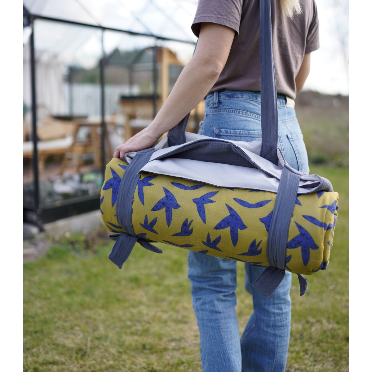 Modern Denim – muślinowy koc piknikowy XXL – mata piknikowa 180×150 cm