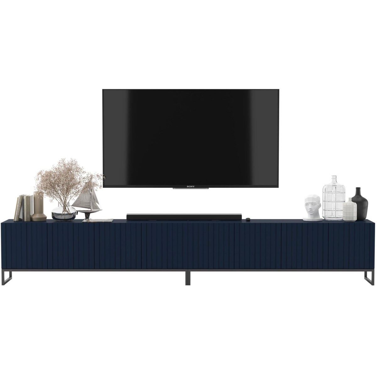 Szafka RTV Glamour Nowoczesna Komoda RTV Ryflowane Fronty Granatowy Mat Czarna Rama Loft 300 cm