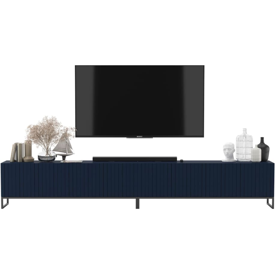 Szafka RTV Glamour Nowoczesna Komoda RTV Ryflowane Fronty Granatowy Mat Czarna Rama Loft 300 cm