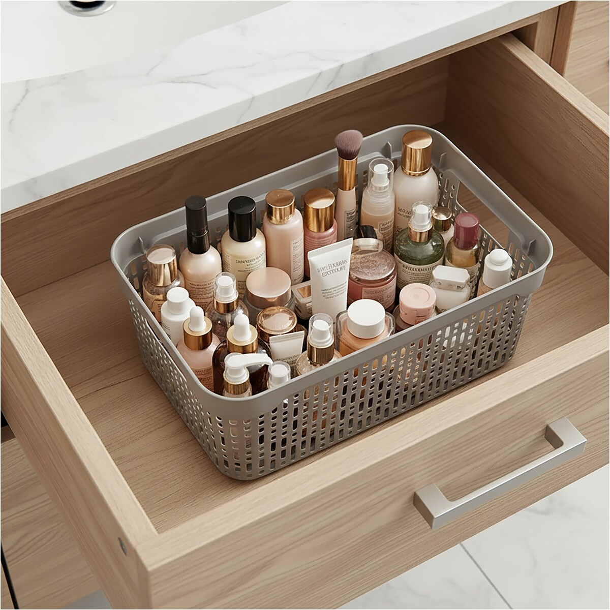 Koszyk Koszyczek Ażurowy XL Plastikowy Na Kosmetyki Do Łazienki Pojemnik Z Pokrywką Zamykany Z Dziurkami Jasnoszary